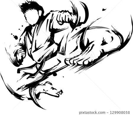Ink painting illustration of a jumping kick 129908038