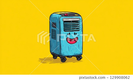 Happy portable air conditioner rolling on wheels on yellow background 129908062