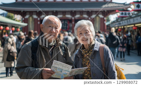 Senior tourist couple exploring sensoji temple in tokyo, japan 129908072
