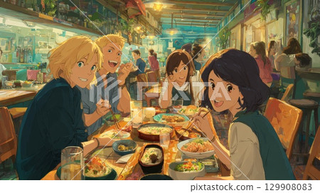 Friends enjoying dinner together at cozy restaurant 129908083