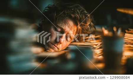 Exhausted office worker sleeping on documents at desk 129908084