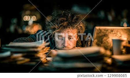Exhausted office worker resting head on desk at night 129908085