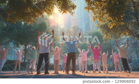 Seniors practicing tai chi in a park at sunrise 129908092