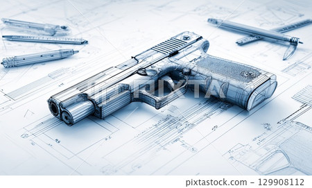 Gun blueprint design lying on technical drawing with drafting tools 129908112