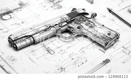 Gun blueprint lying on technical drawing with pen 129908113