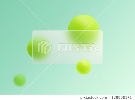 Abstract glassmorphism rectangle with green 3D spheres Abstract glassmorphism rectangle with green 3D spheres 129908171