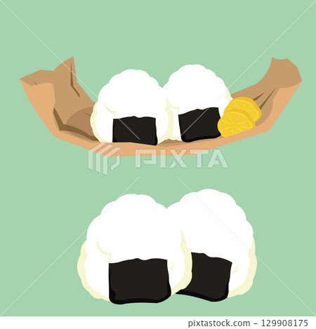 Illustration set of rice balls and pickled radish bamboo leaf bento and rice balls 129908175