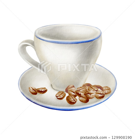 Classic simple cup and coffee beans on plate with blue border as a piece of kitchen utensils and symbol coffee drinking or just a break.isolated hand drawn watercolor illustration in minimalism style Classic simple cup and coffee beans on plate with blue border as a piece of kitchen utensils and symbol coffee drinking or just a break.isolated hand drawn watercolor illustration in minimalism style 129908190