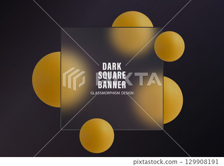 Dark square banner in glass morphism style with golden 3D spheres Dark square banner in glass morphism style with golden 3D spheres 129908191