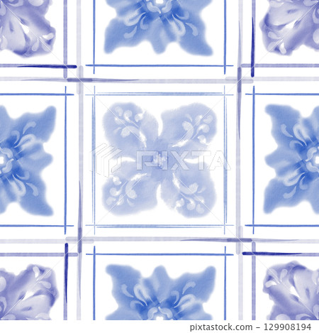 Watercolor floral seamless pattern in Mediterranean style,seams of old ceramic tile in blue color.Loose abstract botanical motif.For textiles,ceramics.Hand drawn illustration on white background Watercolor floral seamless pattern in Mediterranean style,seams of old ceramic tile in blue color.Loose abstract botanical motif.For textiles,ceramics.Hand drawn illustration on white background 129908194