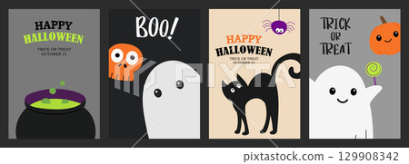 Happy halloween greeting card or party invitation template background. Halloween illustration with bat, pumpkin, ghost, spider, hat, cauldron, Poison bottle. 129908342