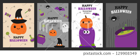 Happy halloween greeting card or party invitation template background. Halloween illustration with bat, pumpkin, ghost, spider, hat, cauldron, Poison bottle. Happy halloween greeting card or party invitation template background. Halloween illustration with bat, pumpkin, ghost, spider, hat, cauldron, Poison bottle. 129908349