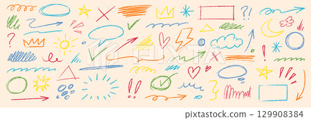 Pencil color crayon line element set. Hand drawn scribble chalk pencil stroke colorful swirl, flower, cloud and arrow shape with crayon rough texture. Children paint background. Vector Pencil color crayon line element set. Hand drawn scribble chalk pencil stroke colorful swirl, flower, cloud and arrow shape with crayon rough texture. Children paint background. Vector 129908384