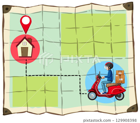 Food Delivery Rider Navigating Route on City Map 129908398