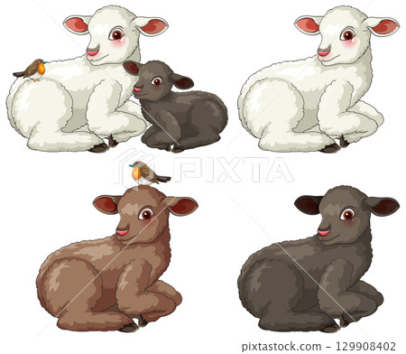 Cute Lambs and Birds Resting in Cartoon Vector Set 129908402