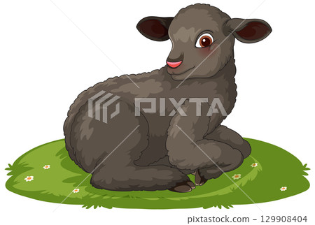 Cute Black Lamb Resting on Green Grass Patch 129908404