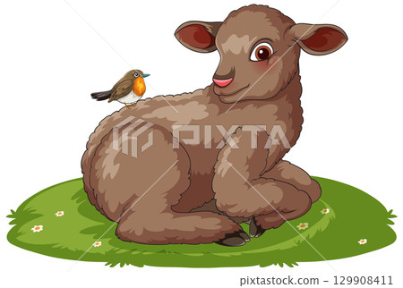 Cartoon Lamb Resting on Grass with Robin Bird 129908411