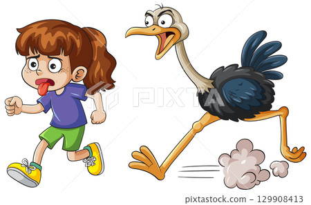 Girl Running from a Chasing Ostrich 129908413