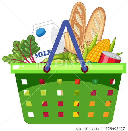 Green Shopping Basket Filled With Groceries and Produce 129908417