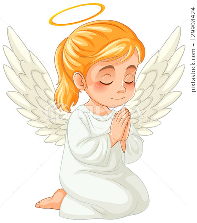Kneeling Angel with Golden Halo and Wings 129908424