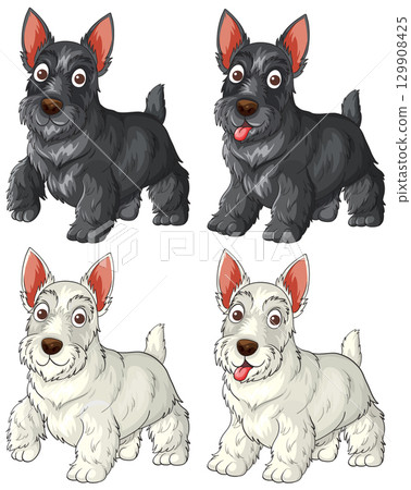 Cartoon Scottish Terriers in Black and White Variations 129908425
