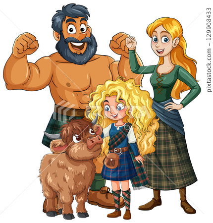 Scottish Family in Traditional Tartan with Highland Cow Scottish Family in Traditional Tartan with Highland Cow 129908433