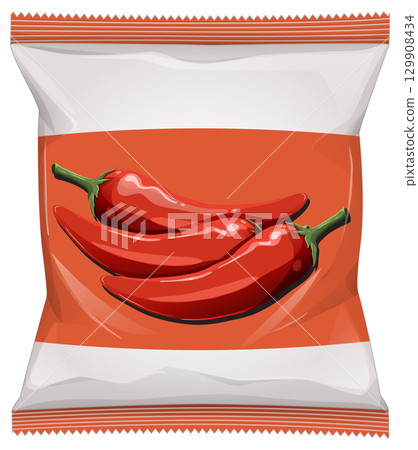 Spicy Snack Chips Packet with Red Chili Peppers Spicy Snack Chips Packet with Red Chili Peppers 129908434