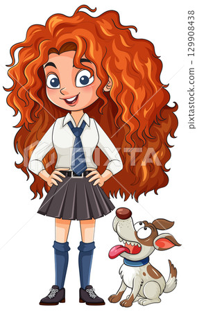 Curly Haired Schoolgirl Standing With Happy Dog 129908438