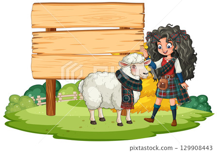 Scottish Girl Petting Sheep Near Wooden Sign Outdoors Scottish Girl Petting Sheep Near Wooden Sign Outdoors 129908443