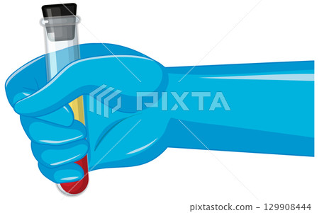 Gloved Hand Holding Blood Sample Test Tube 129908444