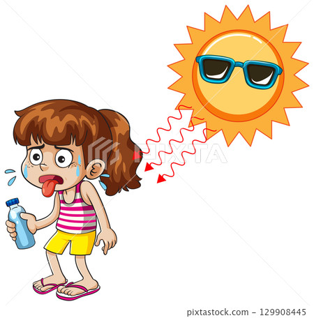 Overheated Girl Under Intense Summer Sun Illustration 129908445