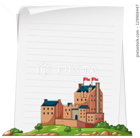 Medieval Castle Illustration on Lined Notepaper Background 129908447