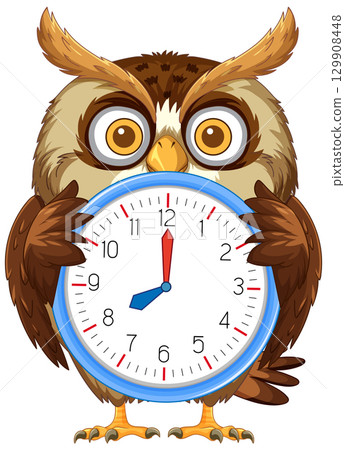 Cartoon Owl Holding an Analog Clock 129908448