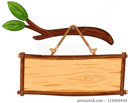 Wooden Hanging Signboard on Tree Branch with Leaves 129908449