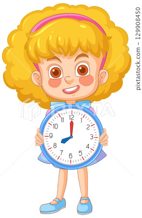 Smiling Girl Holding Analog Clock Illustration 129908450
