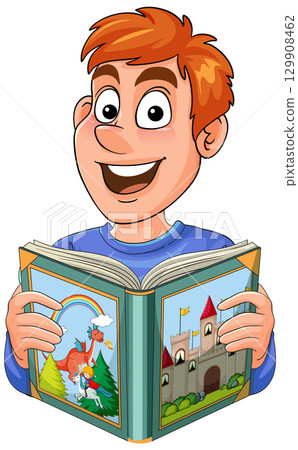 Smiling Boy Reading Illustrated Storybook With Castles Smiling Boy Reading Illustrated Storybook With Castles 129908462