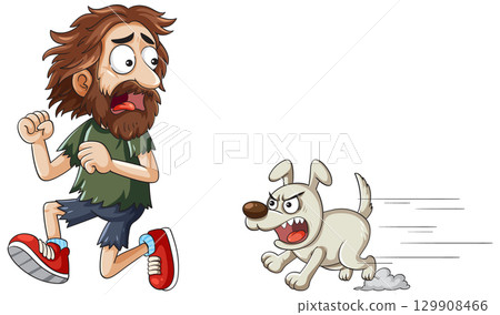 Bearded Man Fleeing from Angry Dog 129908466