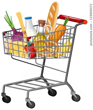 Grocery Shopping Cart Filled With Fresh Food Items 129908472