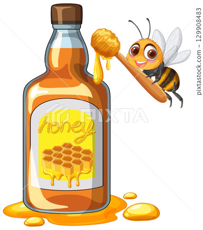 Cartoon Honey Bee With Honey Jar and Dipper Cartoon Honey Bee With Honey Jar and Dipper 129908483
