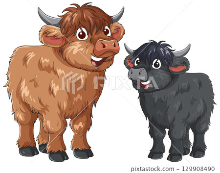 Cartoon Highland Cows Standing Side by Side 129908490