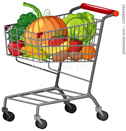 Shopping Cart Filled With Fresh Vegetables and Produce Shopping Cart Filled With Fresh Vegetables and Produce 129908491