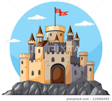 Medieval Stone Castle on Rocky Hill with Red Flag 129908493