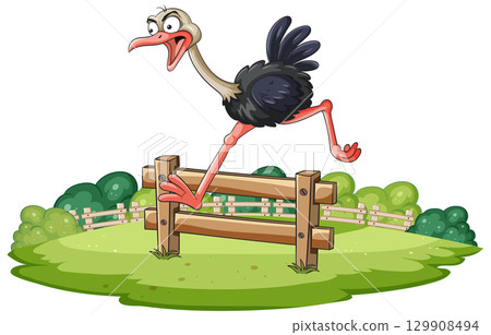 Cartoon Ostrich Jumping Over Wooden Fence in Field 129908494