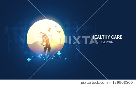 Yoga meditation silhouette with sunrise, heartbeat line and healthy lifestyle concept, wellness background for fitness, relaxation, mindfulness, healthcare and balance every day. Yoga meditation silhouette with sunrise, heartbeat line and healthy lifestyle concept, wellness background for fitness, relaxation, mindfulness, healthcare and balance every day. 129908500