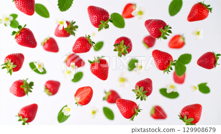 Fresh strawberries, flowers and leaves floating in a white space Fresh strawberries, flowers and leaves floating in a white space 129908679