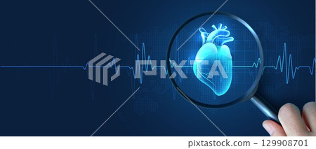 Digital heart health concept with magnifying glass and heartbeat ECG line, cardiology diagnosis, medical innovation, healthcare technology, cardiovascular monitoring illustration. 129908701