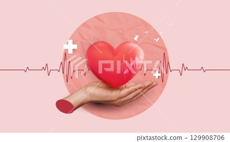 Hand arranging wood block with health care medical icon on pink background. health insurance, love, international cardiology day, check up, heart attack and cardiology. 129908706
