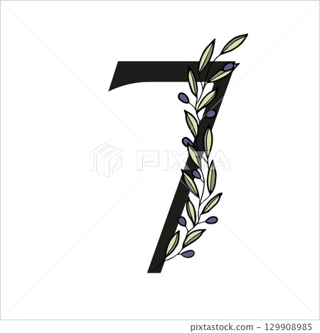 Olive branch alphabet number for decor of card or wedding invite. Vector hand drawn illustration for design 129908985