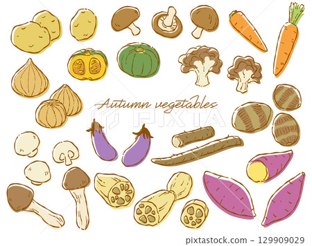 手繪粗糙秋季蔬菜向量插圖集（彩色） 129909029