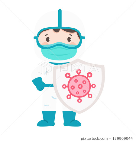Health safety worker with shield for COVID-19 129909044